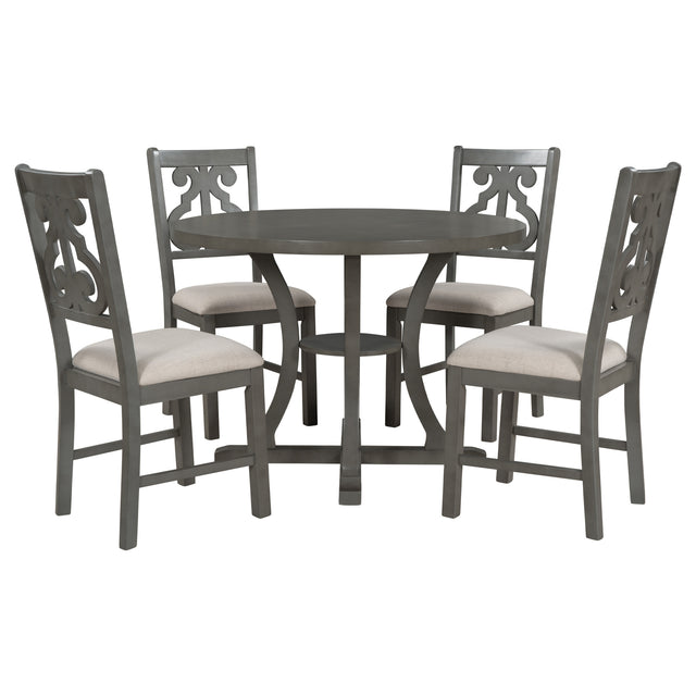 TREXM 5-Piece Round Dining Table and Chair Set with Special-shaped Legs and an Exquisitely Designed Hollow Chair Back for Dining Room (Gray)