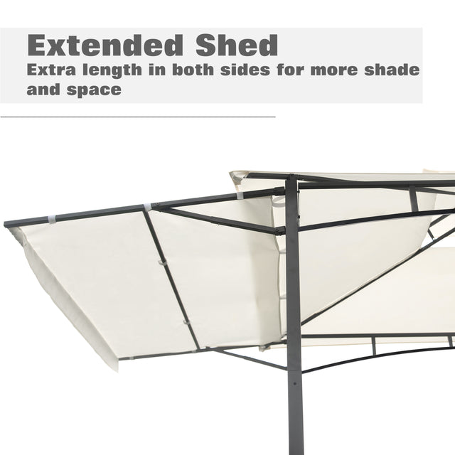 TOPMAX 13Ft.Lx4.5Ft.W Iron Double Tiered Backyard Patio BBQ Grill Gazebo with Bar Counters&Extendable Shades, White