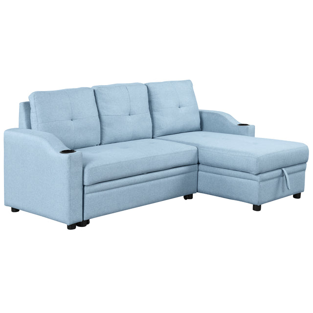 80.3" Orisfur. Pull Out Sofa Modern Padded Upholstered Sofa , Linen Fabric 3 Seater Couch with Storage Chaise and Cup Holder , Small Couch for Small Spaces