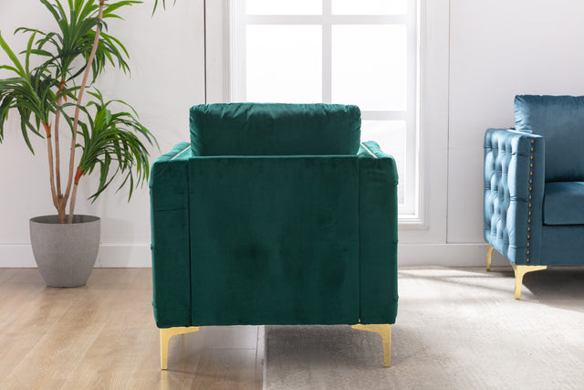Modern Velvet Armchair Tufted Button Accent Chair Club Chair with Steel Legs for Living Room Bedroom，Green