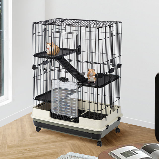4-Tier 32"Small Animal Metal Cage Height Adjustable with Lockable Casters  Grilles Pull-out Tray for Rabbit Chinchilla Ferret Bunny Guinea Pig Squirrel Hedgehog(BLACK)(=OLD SKU:W69133214)