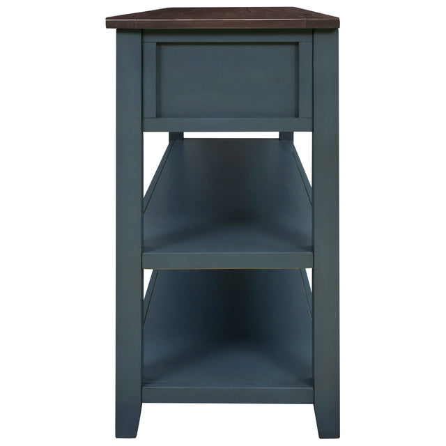 TREXM Retro Design Console Table with Two Open Shelves, Pine Solid Wood Frame and Legs for Living Room (Navy)