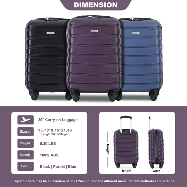 20" Carry on Luggage ABS Lightweight Suitcase, Spinner Wheels, TSA Lock, Purple