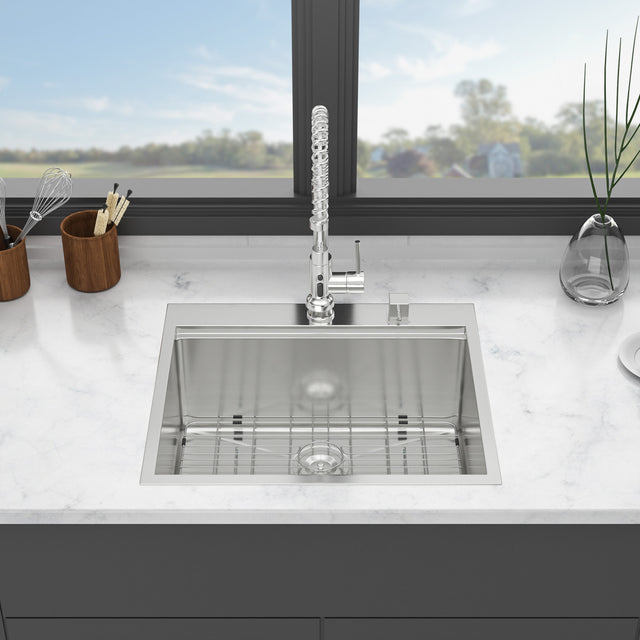 25 in Kitchen Sink Stainless Steel 16 Gauge Ledge Workstation Sink Drop-in Topmount Single Bowl Single Bowl Sink