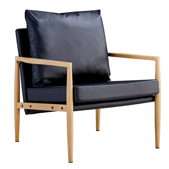 Sofa Chair.Black PU Leather Accent Arm Chair Mid Century Modern Upholstered Armchair with Imitation solid wood color Metal Frame Padded Backrest and Seat Cushion Sofa Chairs for Living Room