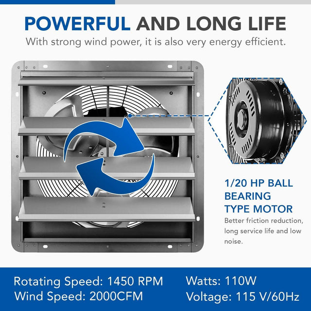 iPower 16 Inch Shutter Exhaust Fan Aluminum,High Speed 1550RPM, 1200 CFM, 1-Pack, Silver