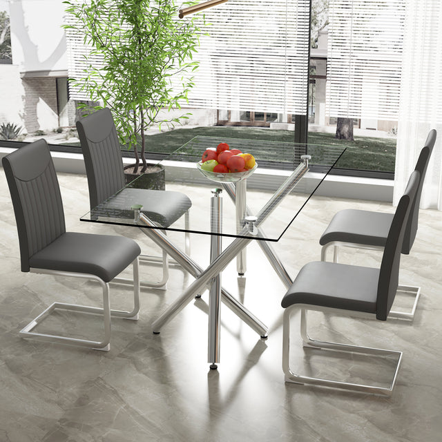 Modern Dining Plating leg Dining chair Chair, PU  Leather High Back Cushion Side  Chair with Vertical stripe backrest pattern for Dining Room Kitchen Vanity Patio Office Chair (Set of 4) (Grey+PU)