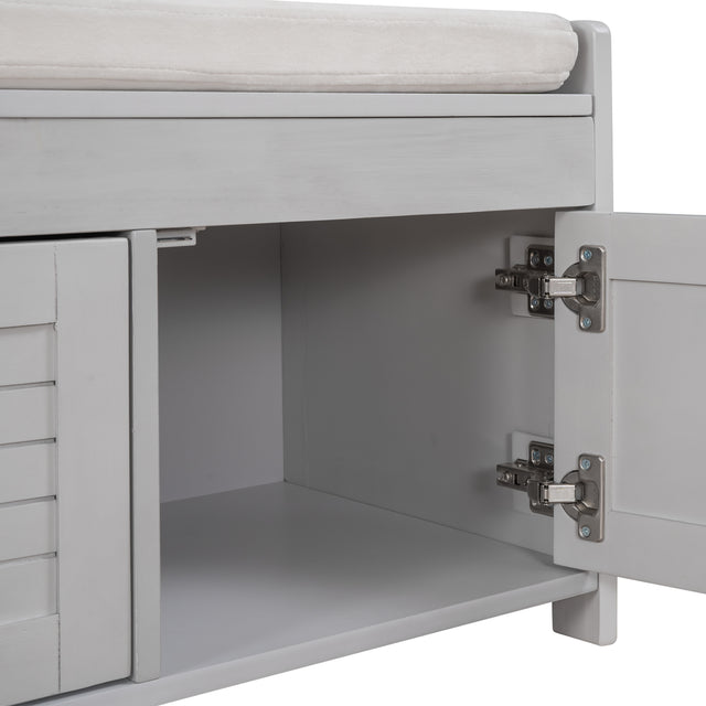TREXM  Storage Bench with 3 Shutter-shaped Doors,  Shoe Bench with Removable Cushion and Hidden Storage Space (Gray Wash)