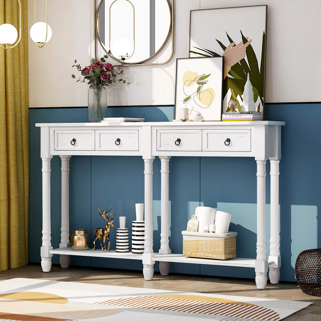 TREXM Console Table Sofa Table with Drawers and Long Shelf Rectangular Living Room Table Solid Wood (Antique White)