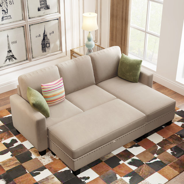 [New]81" Reversible Sectional Couch with Storage Chaise L-Shaped Sofa for Apartment Sectional Set ,Sectional Sofa with Ottoman,Nailhead Textured Linen Fabric 3 pieces Sofa Set,Warm Grey