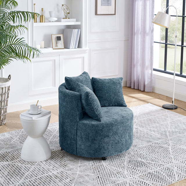 Modern Chenille Upholstered Swivel Backrest Chair for Living Room, with Movable Wheels, Including 3 Pillows, Navy