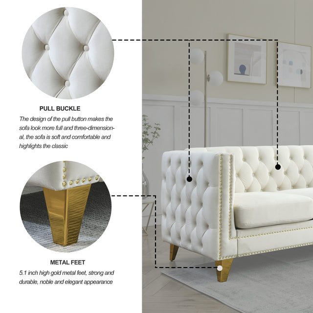 {Contact us for 3D modeling} Velvet Sofa for Living Room,Buttons Tufted Square Arm Couch, Modern Couch Upholstered Button and Metal Legs, Sofa Couch for Bedroom, Beige Velvet