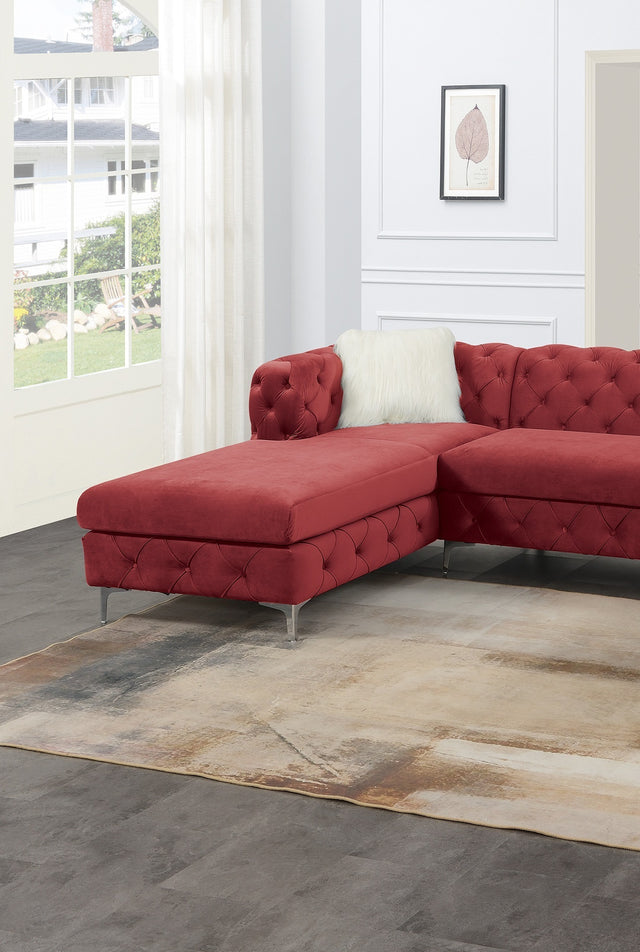 Gorgeous Living Room U-Sectional Burgundy Velvet Tufted Cushion Couch LAF And RAF Chaise Armless Loveseat