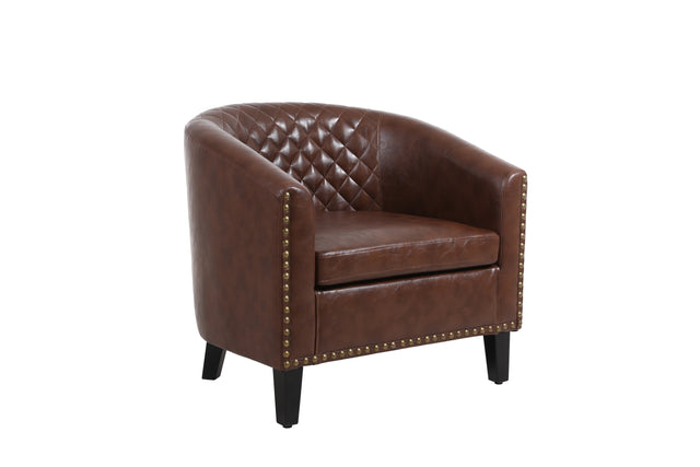 COOLMORE accent Barrel chair living room chair with nailheads and solid wood legs  Brown pu leather