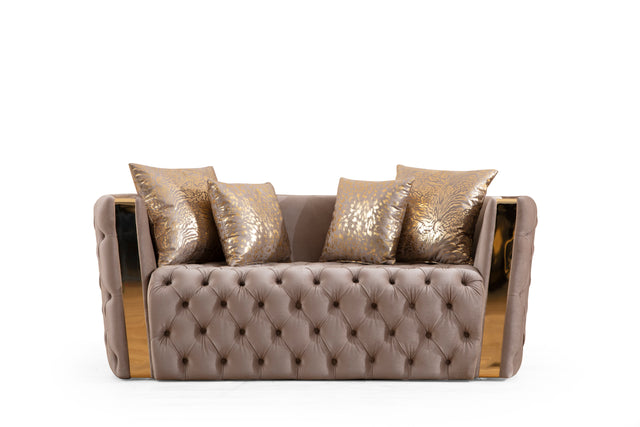 Naomi Button Tufted Loveseat with Velvet Fabric and Gold Accent in Off White