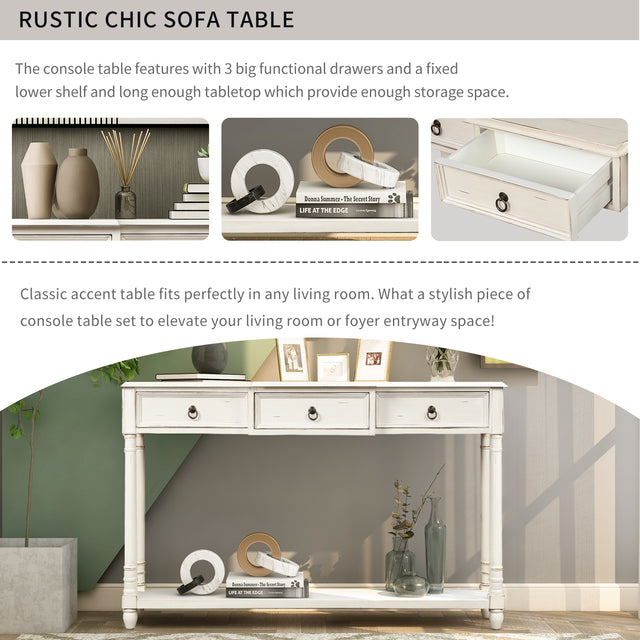 TREXM Console Table Sofa Table with Drawers for Entryway with Projecting Drawers and Long Shelf (Antique White)