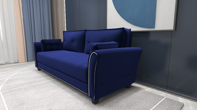 2067 Sofa Armrest with Nail Head Trim Backrest with Buttons Includes Two Pillows 79" Blue Velvet Living Room Apartment Sofa