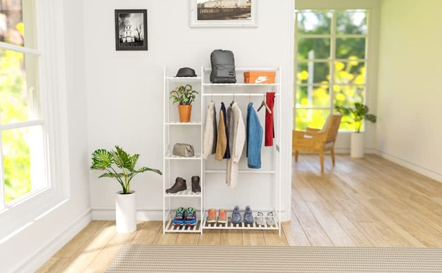Clothes Rack,Heavy Duty Clothes Rack with Shelves,Freestanding Closet Organizer for Living Bedroom Room Kitchen Bathroom Entryway Office Storage Shelves Clothes Hanging Rack,CR-538 White