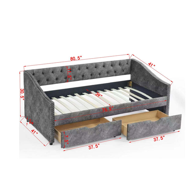 Twin Size Daybed with Drawers Upholstered Tufted Sofa Bed, with Button on Back and Copper Nail on Waved Shape Arms，Grey（81.5“x41”x30.5“）