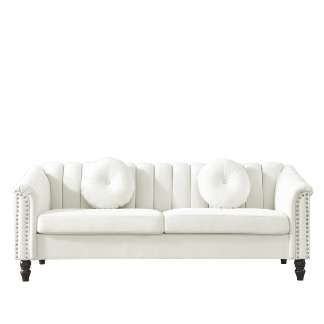 MH Modern Velvet Upholstered Sofa Couch, 3 Seat Tufted Back with Nail Arms with 2 pillows, Solid wood Legs, Sleeper Sofa for Living Room, Compact Living Space, Apartment, Bonus Room