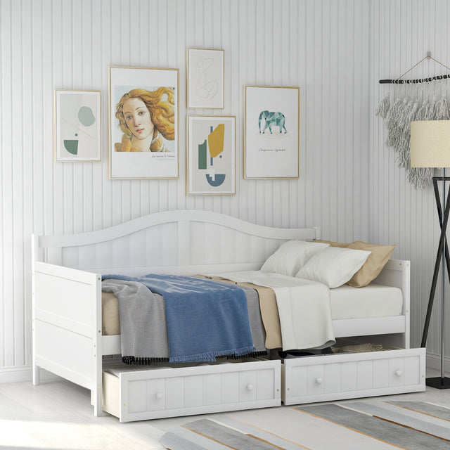 Twin Wooden Daybed with 2 drawers, Sofa Bed for Bedroom Living Room,No Box Spring Needed,White
