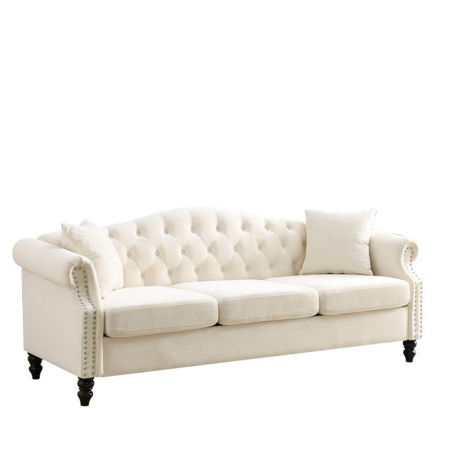 [Video] 79" Chesterfield Sofa Beige Velvet for Living Room, 3 Seater Sofa Tufted Couch with Rolled Arms and Nailhead for Living Room, Bedroom, Office, Apartment, two pillows