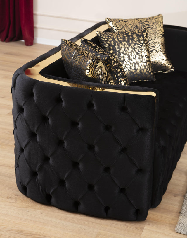 Naomi Button Tufted Loveseat with Velvet Fabric and Gold Accent in Black