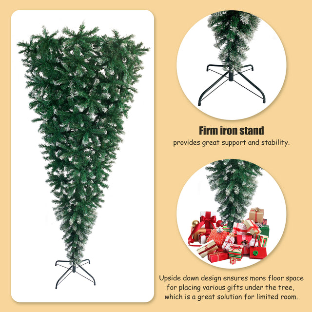 Upside Down Green Christmas Tree, Xmas Tree with LED Warm White Lights, Green leaves with part spraying White, Reinforced Metal Base & Easy Assembly 7.4ft X-mas