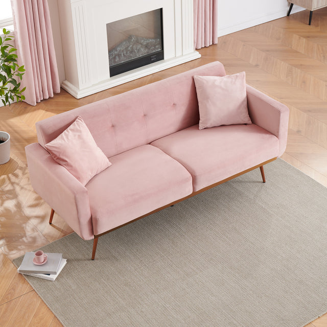 [New+Video]Modern pink velvet sand living room sofa with midfoot and two throw pillows