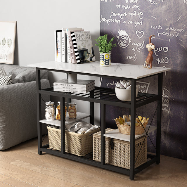 TOPMAX Multifunctional Counter Height Kitchen Dining Room Prep Table Kitchen Island,  Kitchen Rack with Large Worktop, Console Side Table for Living Room, Faux Marble Tabletop