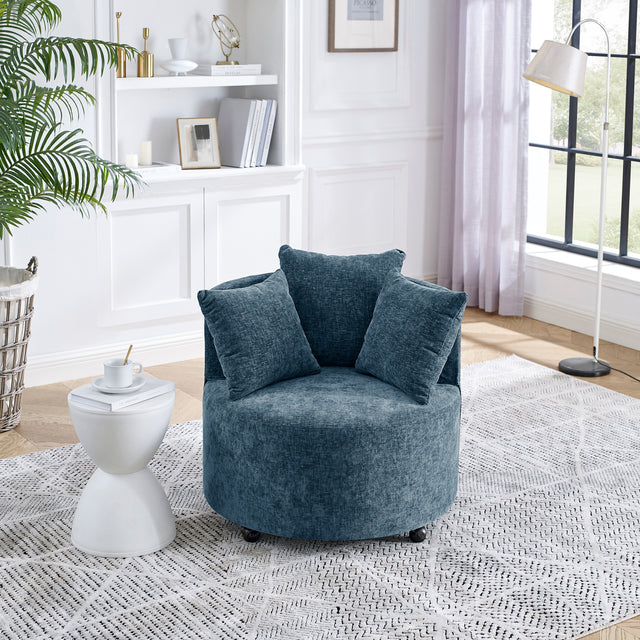 Modern Chenille Upholstered Swivel Backrest Chair for Living Room, with Movable Wheels, Including 3 Pillows, Navy