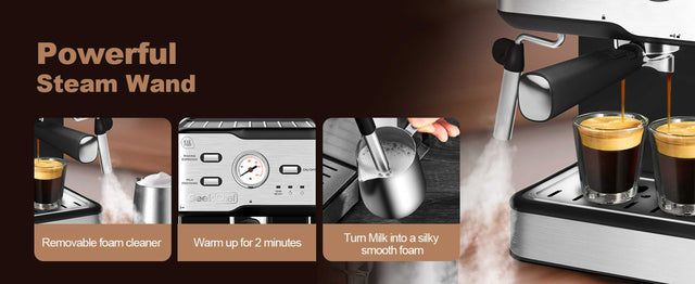 Espresso Machine 20 Bar Pump Pressure Cappuccino latte Maker Coffee Machine with ESE POD filter&Milk Frother Steam Wand&thermometer, 1.5L Water Tank, Stainless steel Espresso Complimentary ESE Filter