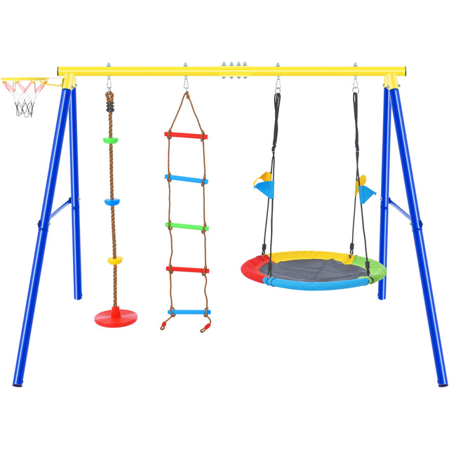 4 in 1 Outdoor Toddler Saucer Swing Set for Backyard, Playground Tree Swing Sets with Steel Frames, Climbing Rope with Disc Tree Swing Playset and Basketball Hoop for Kids