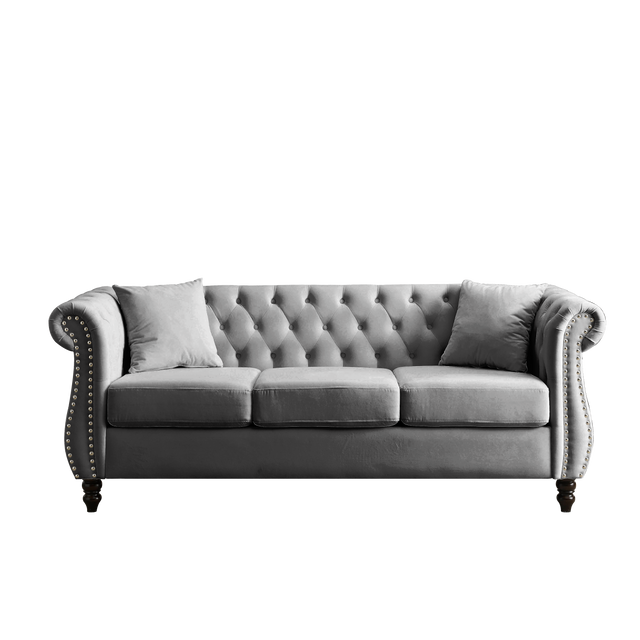 [Video] 80" Chesterfield Sofa Grey Velvet for Living Room, 3 Seater Sofa Tufted Couch with Rolled Arms and Nailhead for Living Room, Bedroom, Office, Apartment, two pillows