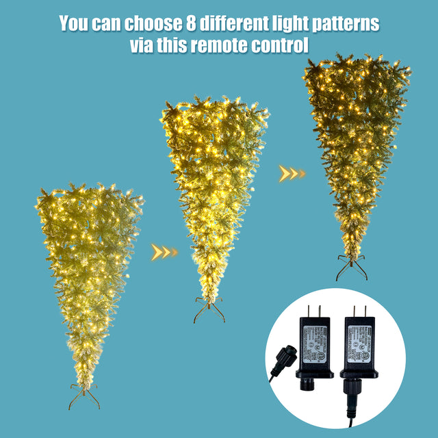 Upside Down Green Christmas Tree, Xmas Tree with LED Warm White Lights, Green leaves with part spraying White, Reinforced Metal Base & Easy Assembly 7.4ft X-mas