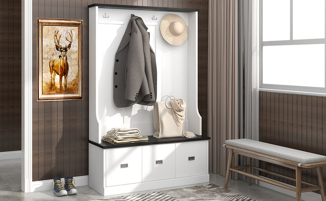 ON-TREND Two-tone Hall Tree with 4 Hooks and 3 Large Drawers, Coat Hanger, Entryway Bench, Storage Bench, 3-in-1 Design, for Entrance, Hallway (White)