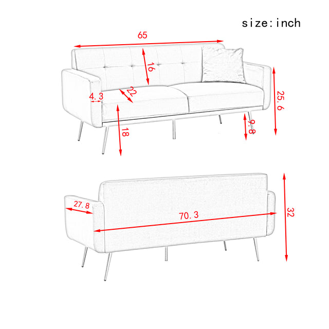 [New+Video]Modern pink velvet sand living room sofa with midfoot and two throw pillows