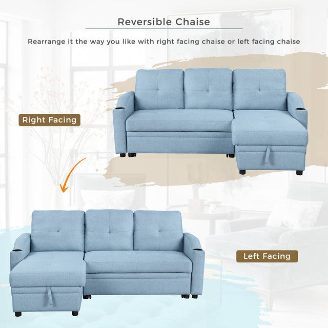 80.3" Orisfur. Pull Out Sofa Modern Padded Upholstered Sofa , Linen Fabric 3 Seater Couch with Storage Chaise and Cup Holder , Small Couch for Small Spaces