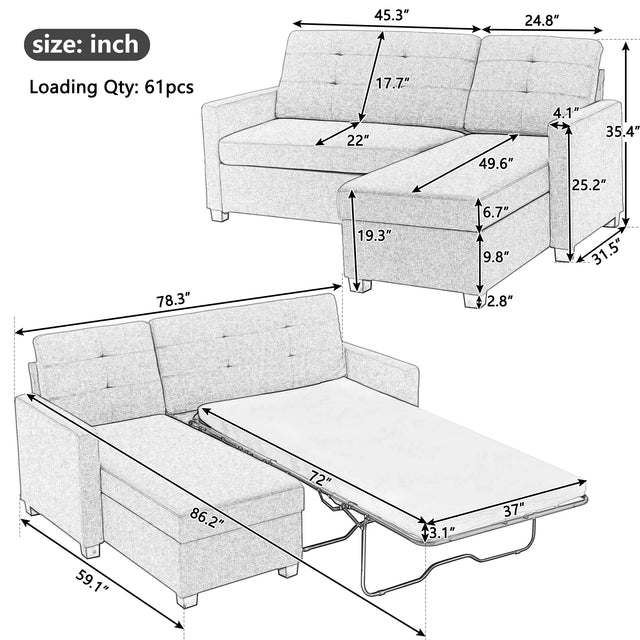 78.3" Convertible Sleeper Sofa Bed,Linen Pull Out Couch with Storage Chaise,Sleeper Counch with Memory Foam Mattress for  Small Space Living Room Bedroom Office,Gray