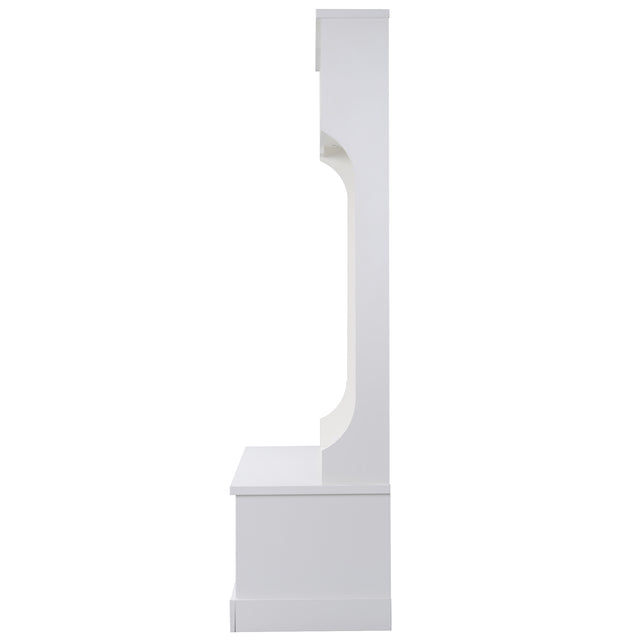 ON-TREND Hall Tree Entryway Bench with Shelves Cabinet and Four Hooks, 3-in-1 Design, White