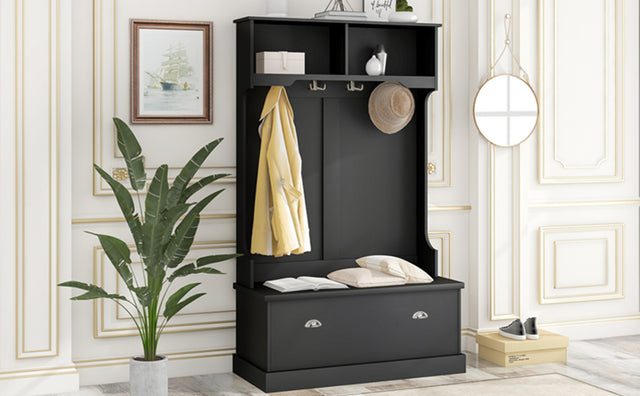 ON-TREND Hall Tree with 4 Hooks, Coat Hanger, Entryway Bench, Storage Bench, 3-in-1 Design, for Livingroom, Hallway (BLACK)