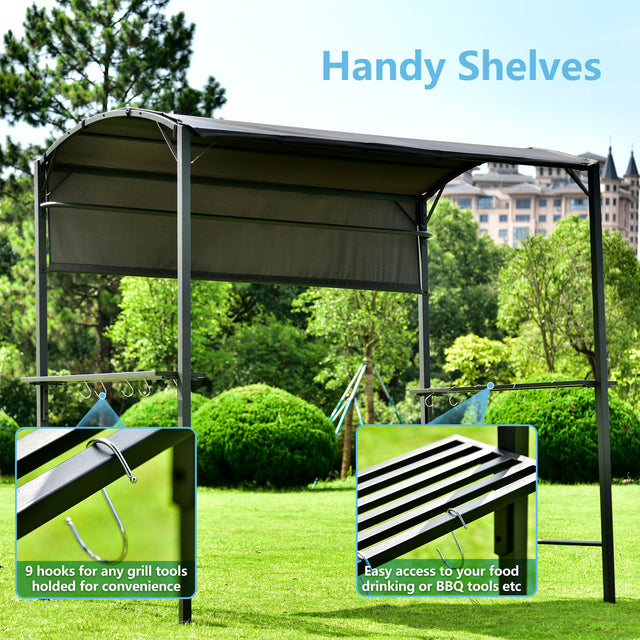 TOPMAX Outdoor 7Ft.Wx4.5Ft.L Iron Double Tiered Backyard Patio BBQ Grill Gazebo with Side Awning, Bar Counters and Hooks, Gray