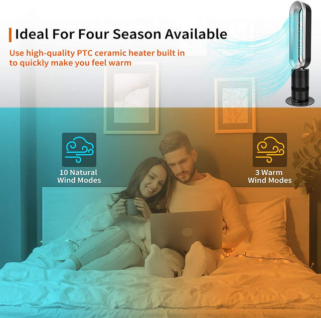 Simple Deluxe 32-inch Space Heater Bladeless Tower Fan, Heater & Fan Combo, 9H Timer 10 Speeds with Remote Control, Air Circulator Fan for Home Air Conditioner, Black & Grey