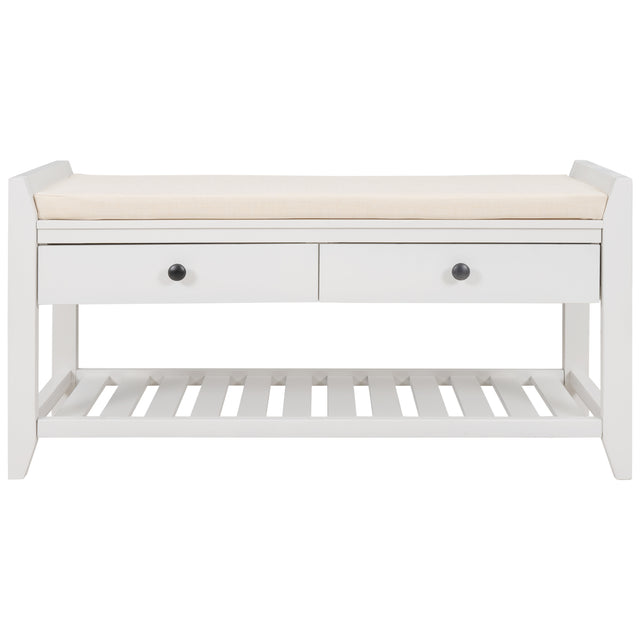 TREXM  Shoe Rack with Cushioned Seat and Drawers, Multipurpose Entryway Storage Bench (White)