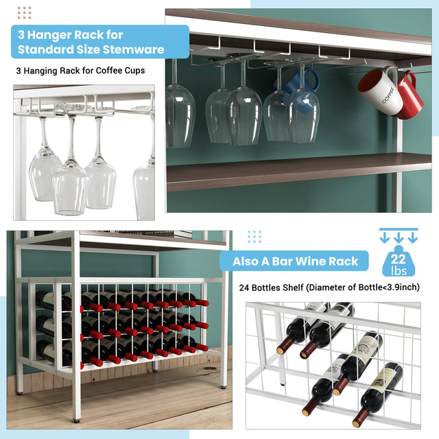 TOPMAX Updated Industrial Modern 5-Tier Baker Rack, Freestanding Bar Wine Rack Table with Glass& Cup Holders&Hooks,  Dark Brown