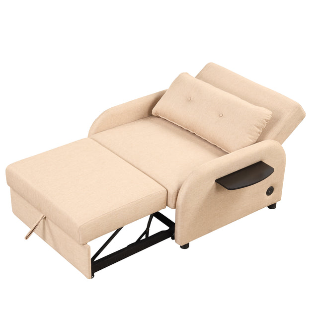 pull out sofa sleeper 3 in 1 with 2 wing table and usb charge for nap line fabric for living room recreation room Beige