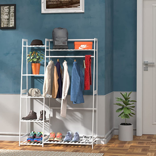 Clothes Rack,Heavy Duty Clothes Rack with Shelves,Freestanding Closet Organizer for Living Bedroom Room Kitchen Bathroom Entryway Office Storage Shelves Clothes Hanging Rack,CR-538 White