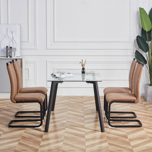 Glass Dining Table and Brown Dining Chair 4-Piece Set  Rectangular 0.31" Tempered Glass Tabletop and Black Coating Metal Dining Table size 47" W x 31"D x 30" H