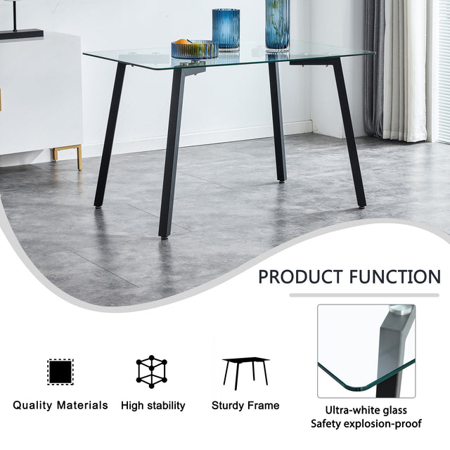 Glass Dining Table and Brown Dining Chair 4-Piece Set  Rectangular 0.31" Tempered Glass Tabletop and Black Coating Metal Dining Table size 47" W x 31"D x 30" H