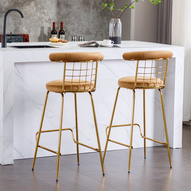 Bar Stool Set of 2, Luxury Velvet  High Bar Stool with Metal Legs and Soft Back, Pub Stool Chairs Armless Modern Kitchen High Dining Chairs with Metal Legs, Camel